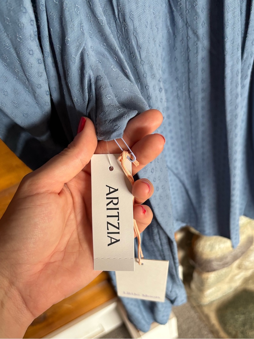 NWT Aritzia Little Moon Solarium Swiss Dot Smocked Blouse NWT Blueprint Blue L - Picture 8 of 10
